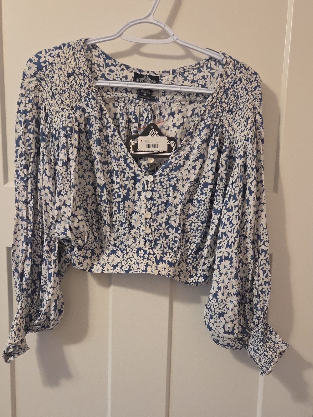 Angie Blue and White Floral Smocked Button-Front Blouse